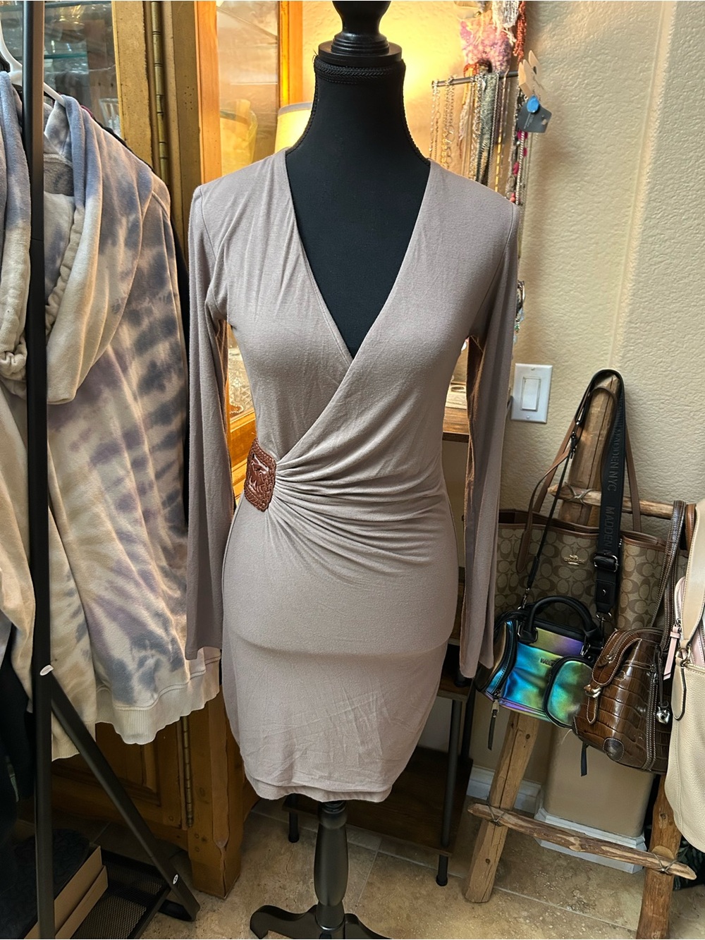 NWT SKY Ruched V Neck Mini Dress Braided Leather Waist